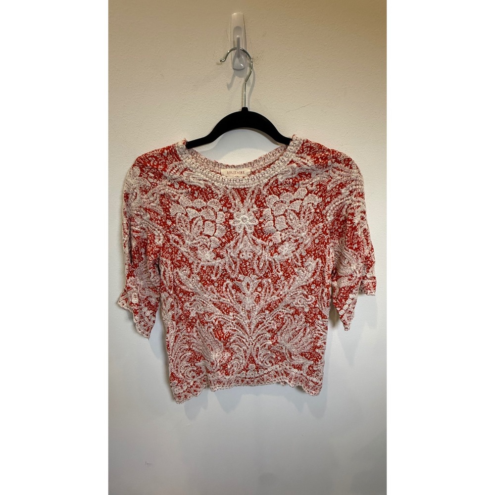 Solitaire Anthropologie Red Embroidered Boho Top M